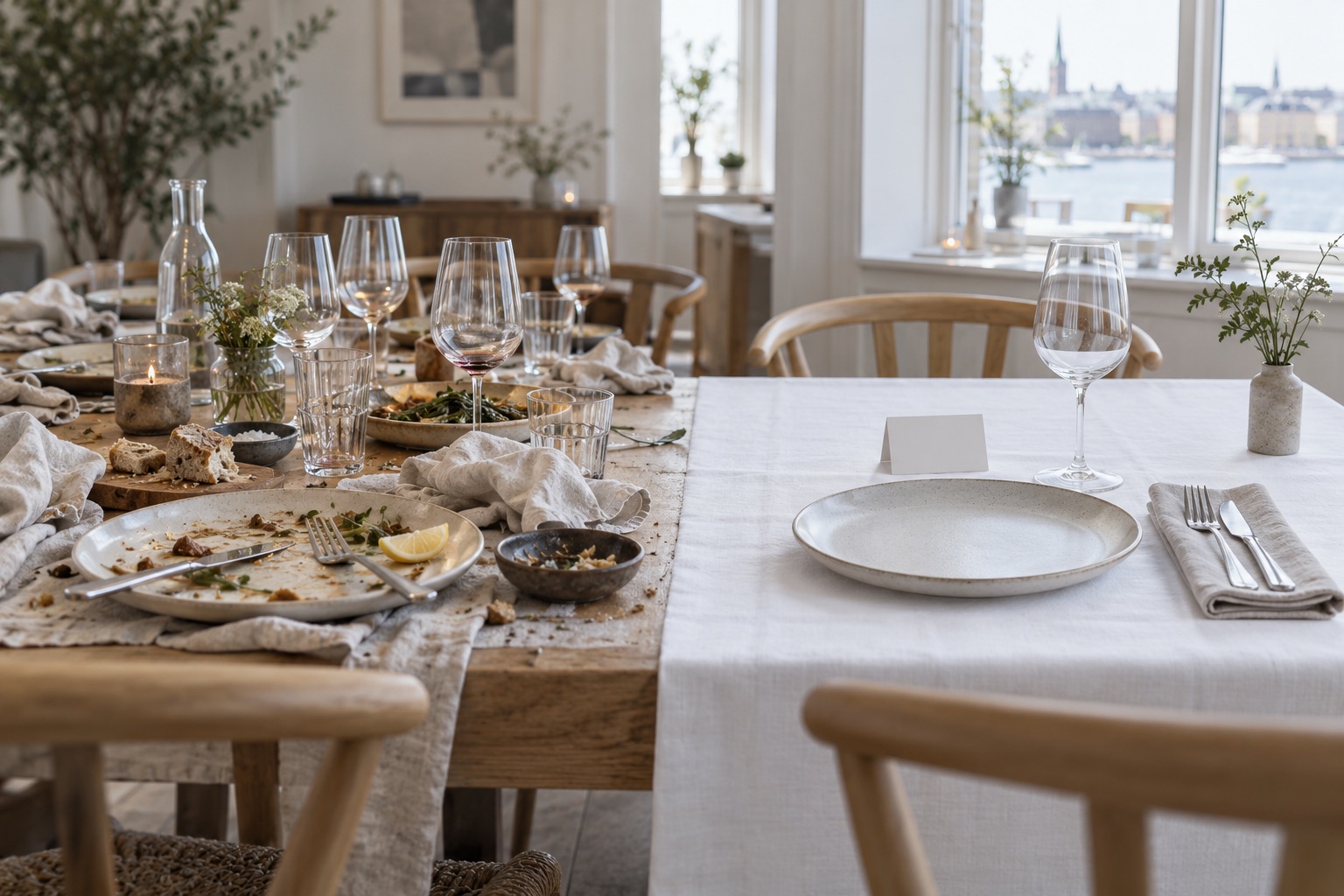 Et rodet bord med halvspiste tallerkener ved siden af et nydækket bord med én tallerken
