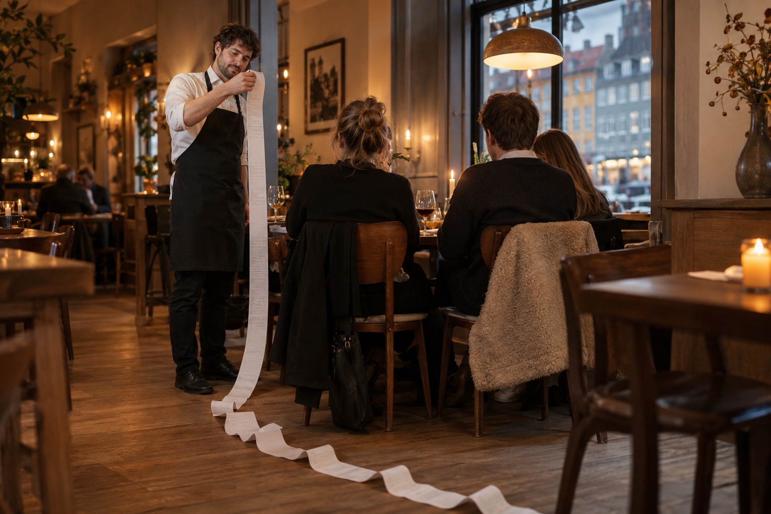 En tjener læser en meterlang bon op fra toppen ved et bord